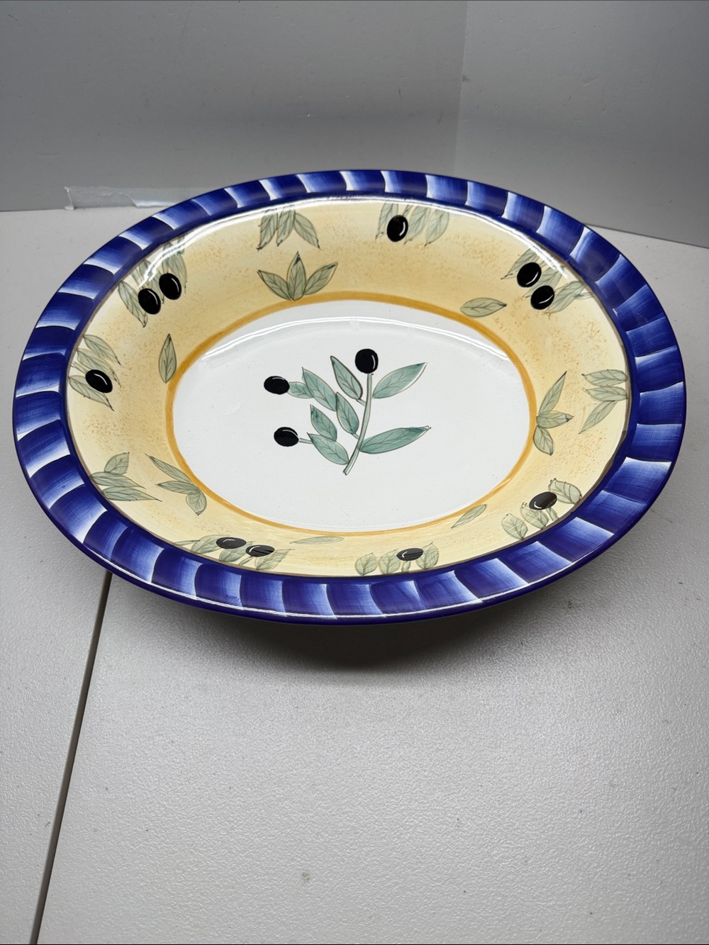 Style-Eyes Hand-Painted Olive Motif Ceramic Serving Bowl in Blue and Yellow